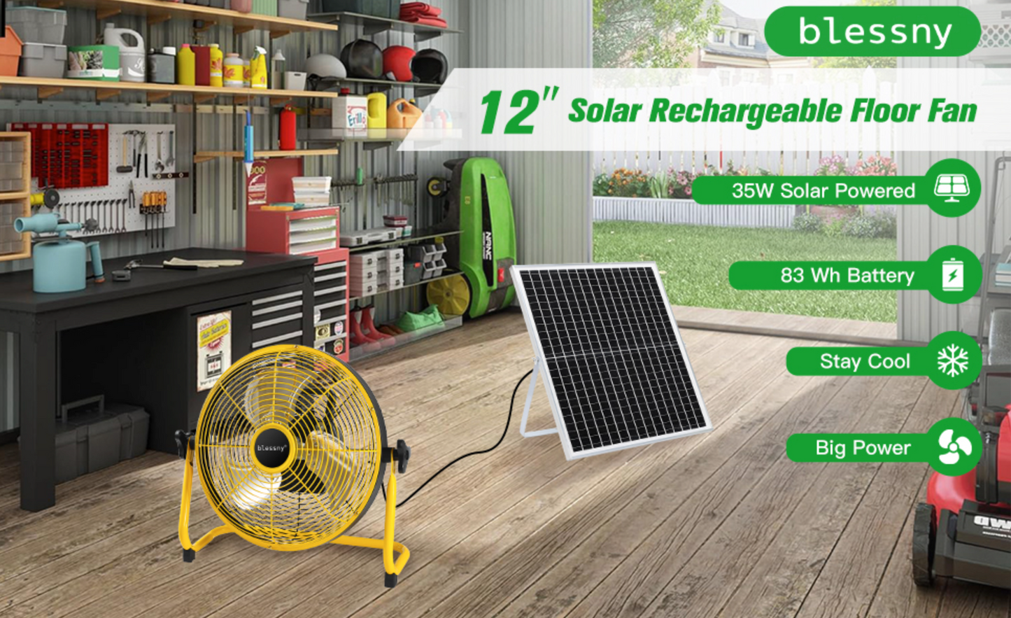 CNMI GUAM Free Air Ship.  12" Solar Rechargeable Floor Fan with 35W Solar Panel USB CHARGING outlet on fan.