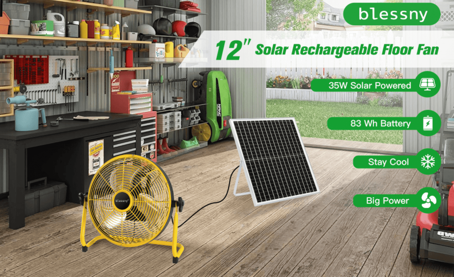 CNMI GUAM Free Air Ship. 12" Solar Rechargeable Floor Fan with 35W Solar Panel USB CHARGING outlet on fan. - Durvy Industrial_