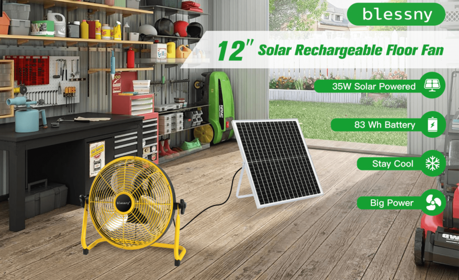 CNMI GUAM Free Air Ship. 12" Solar Rechargeable Floor Fan with 35W Solar Panel USB CHARGING outlet on fan. - Durvy Industrial_