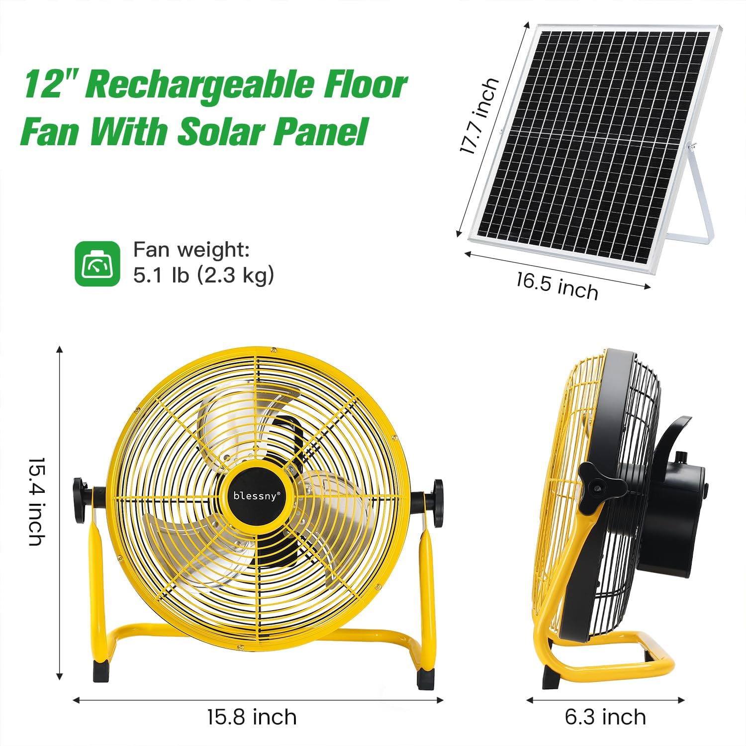 CNMI GUAM Free Air Ship. 12" Solar Rechargeable Floor Fan with 35W Solar Panel USB CHARGING outlet on fan. - Durvy Industrial_