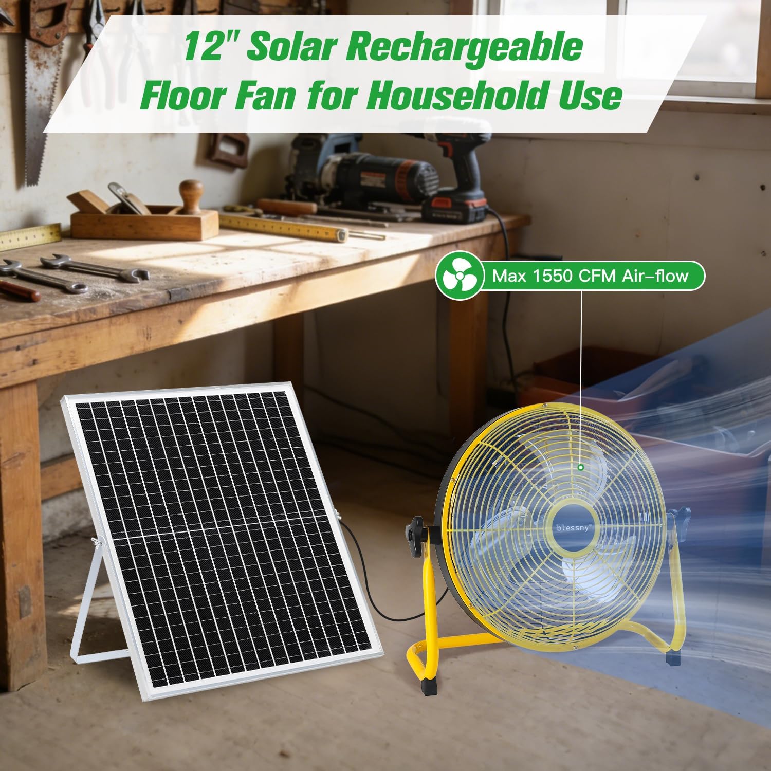 CNMI GUAM Free Air Ship. 12" Solar Rechargeable Floor Fan with 35W Solar Panel USB CHARGING outlet on fan. - Durvy Industrial_