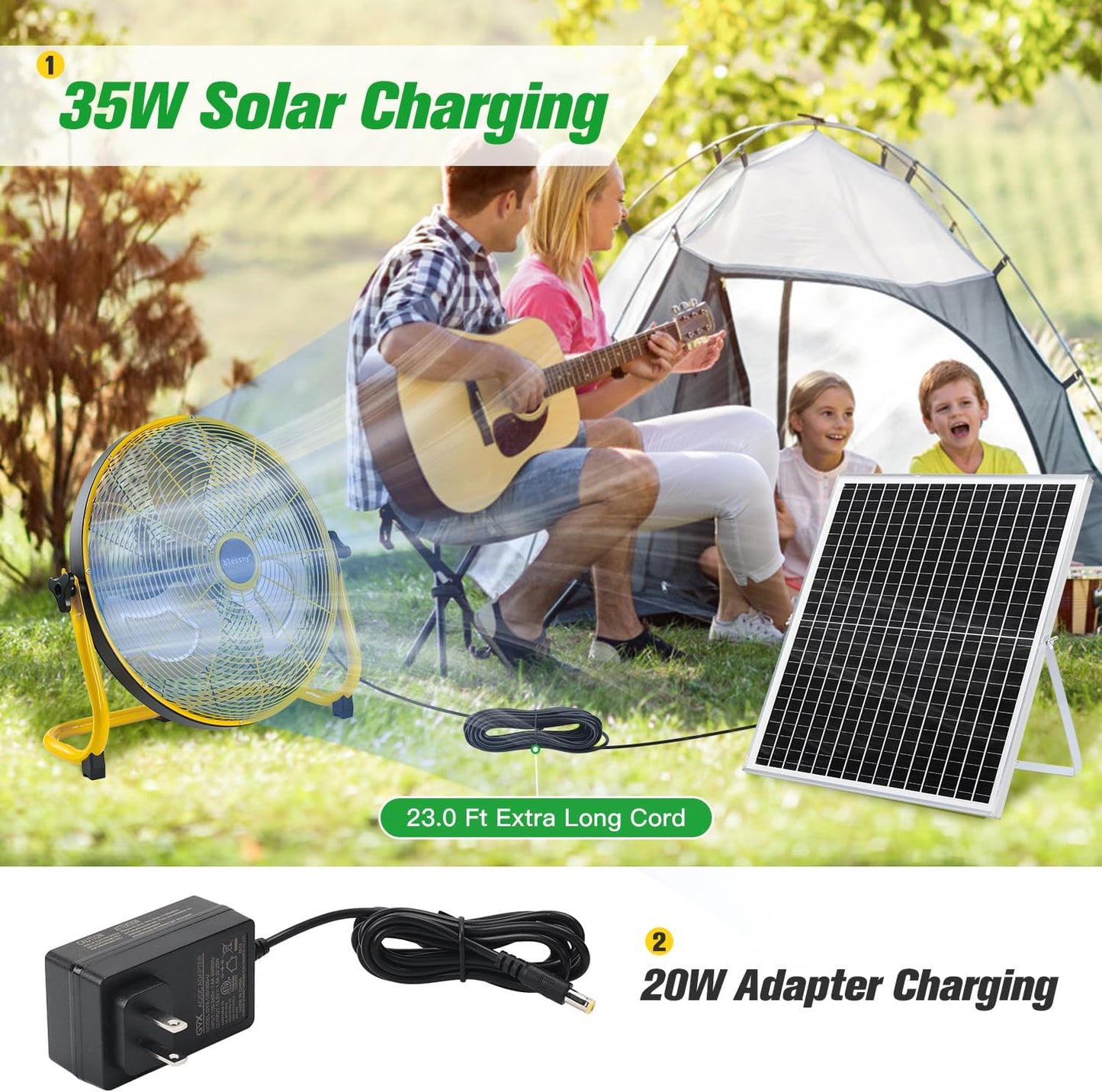 CNMI GUAM Free Air Ship. 12" Solar Rechargeable Floor Fan with 35W Solar Panel USB CHARGING outlet on fan. - Durvy Industrial_