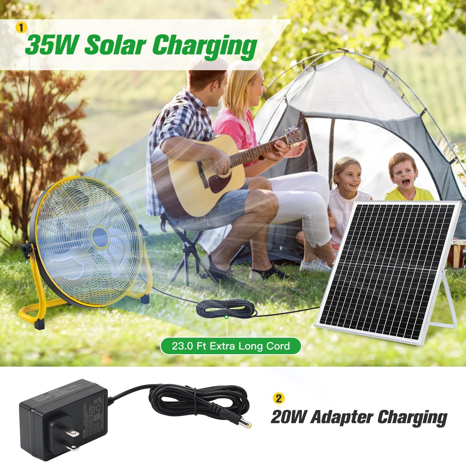 CNMI GUAM Free Air Ship. 12" Solar Rechargeable Floor Fan with 35W Solar Panel USB CHARGING outlet on fan. - Durvy Industrial_