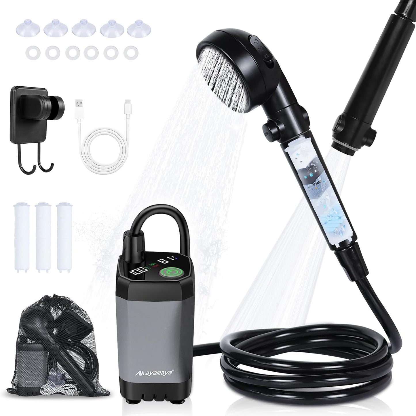 CNMI GUAM Free Air Ship. Portable Shower - Rechargeable Shower Pump with Filtered Shower Head, 4 Spray Modes & LED Display. - Durvy Industrial_