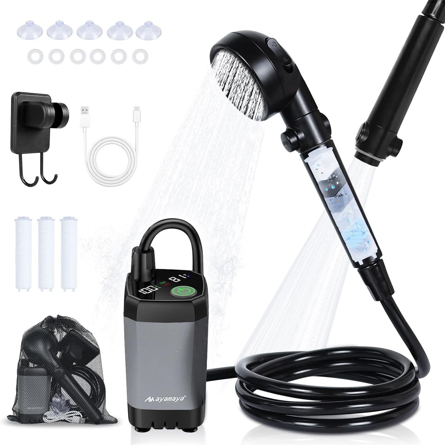 CNMI GUAM Free Air Ship. Portable Shower - Rechargeable Shower Pump with Filtered Shower Head, 4 Spray Modes & LED Display. - Durvy Industrial_