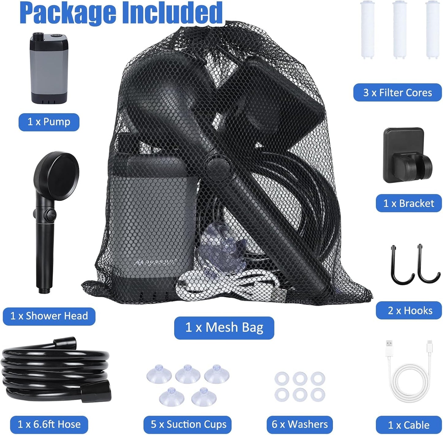 CNMI GUAM Free Air Ship. Portable Shower - Rechargeable Shower Pump with Filtered Shower Head, 4 Spray Modes & LED Display. - Durvy Industrial_