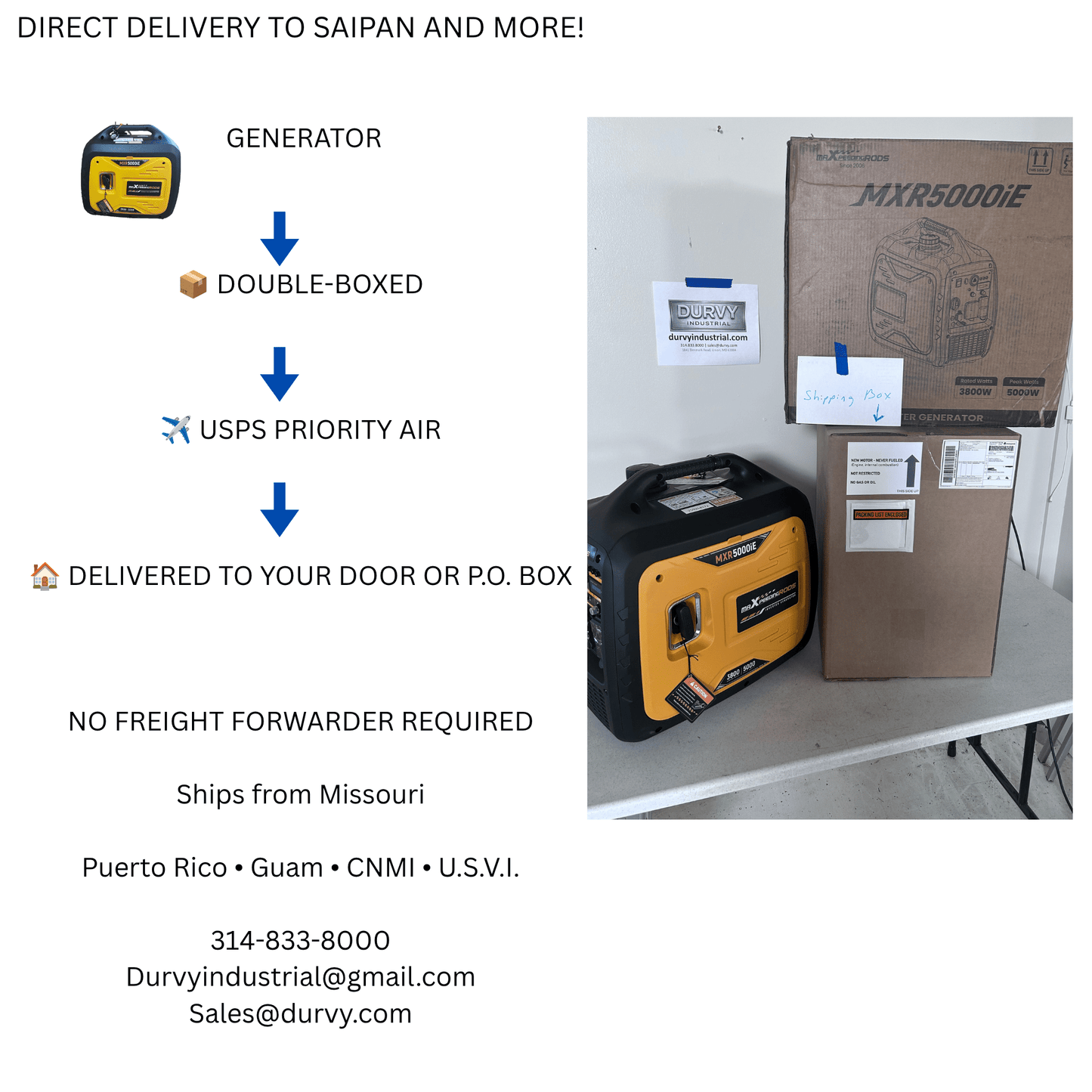 MXR5000iE 5000W Inverter Generator — USPS Priority Air Ship Included. CNMI, Guam, PR & USVI. - Durvy Industrial_