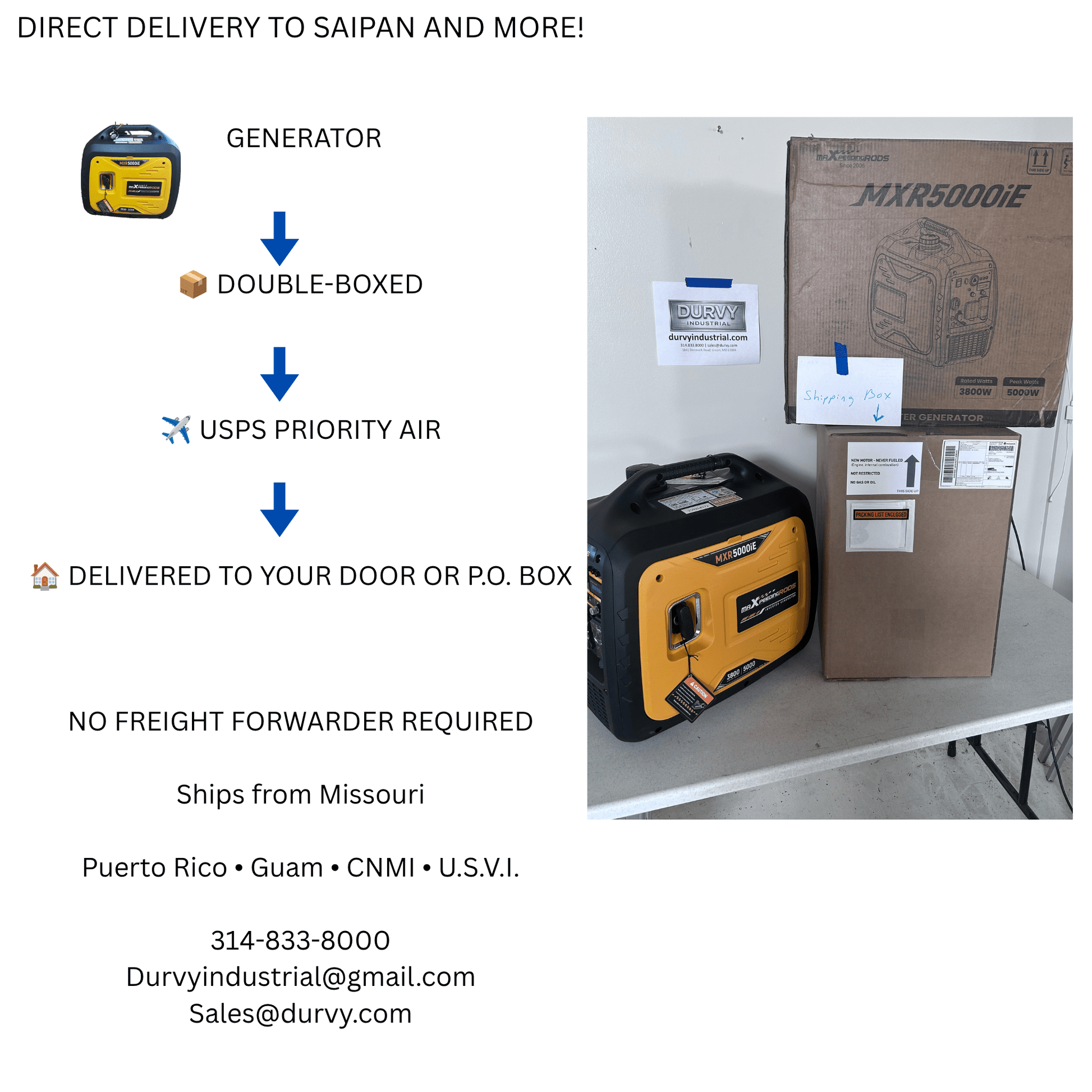 MXR5000iE 5000W Inverter Generator — USPS Priority Air Ship Included. CNMI, Guam, PR & USVI. - Durvy Industrial_